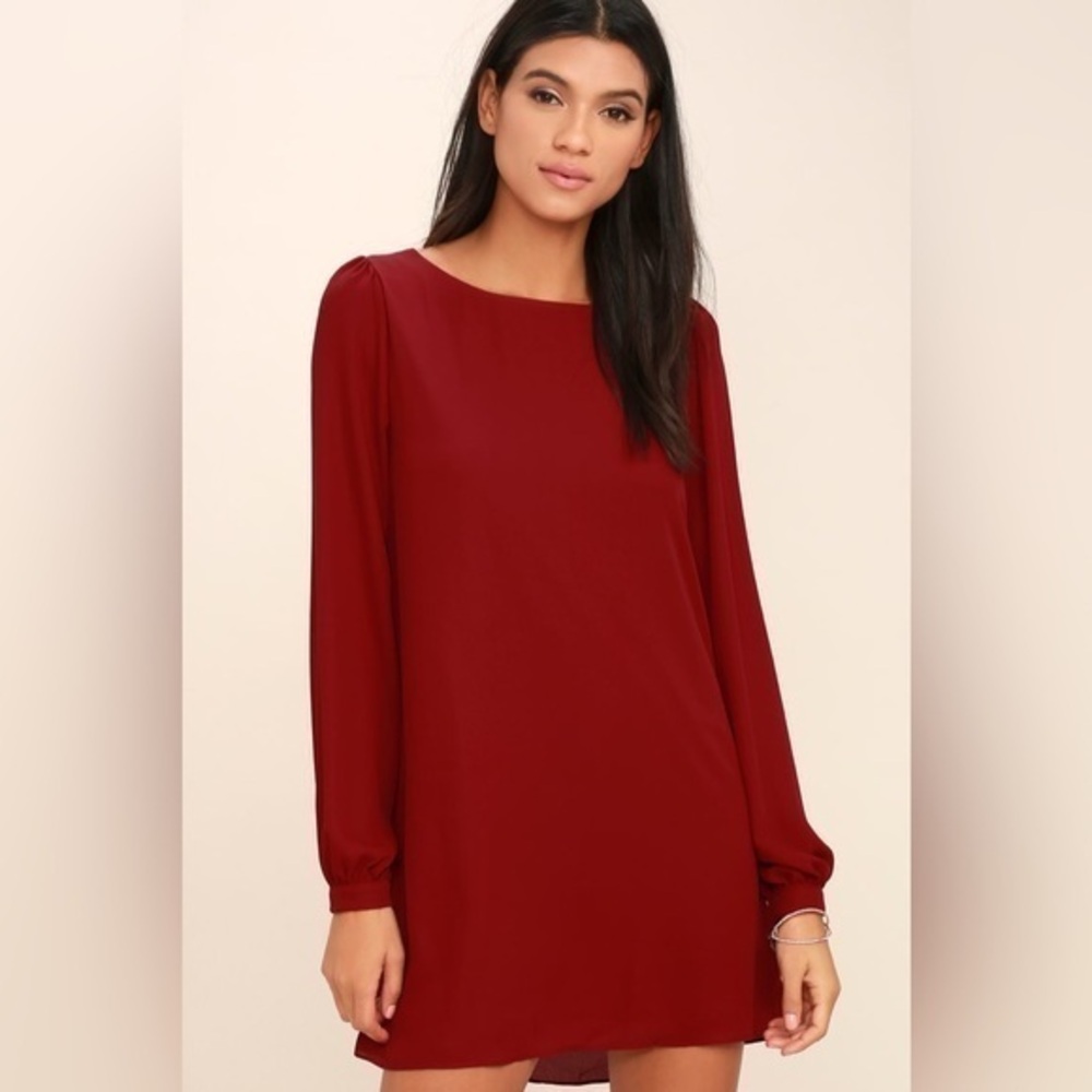 NWT Lulus Status Update Wine Red Shift Dress Long Sleeve Women’s size Small